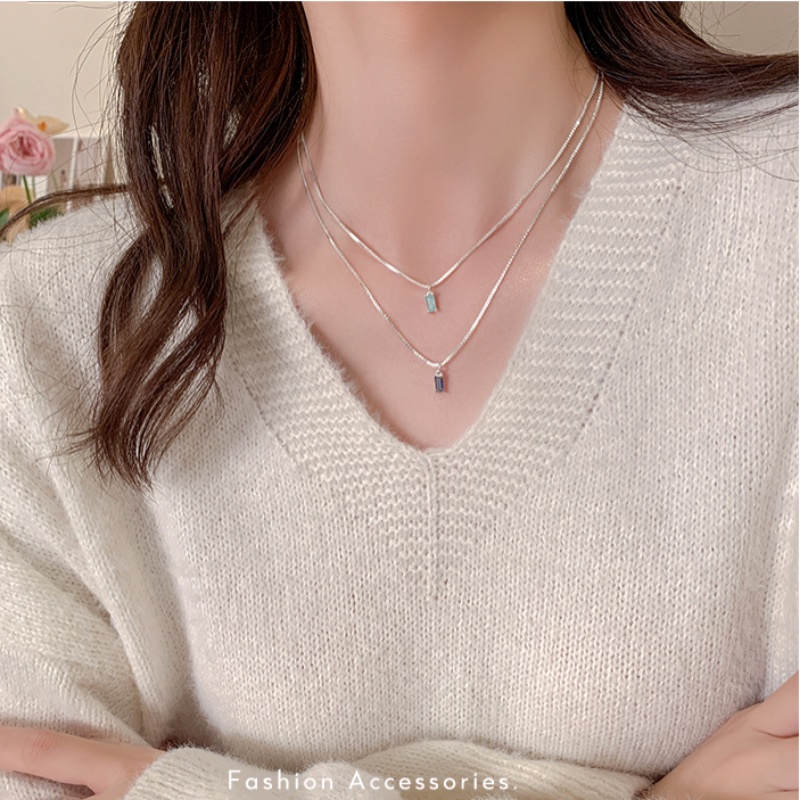 Roselife Minimalis S925 Perak Mengkilap Laut Biru Mungil Kubus Zirkon Liontin Kalung Untuk Wanita Perempuan Vintage Klasik Kecil Berlian Imitasi Pesona Kalung Perhiasan