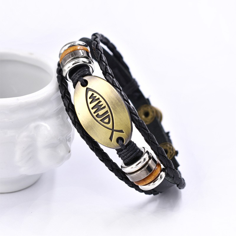 [X C Gelang] Mode Baru WWJD Gelang Kulit Hitam Vintage Hip Hop Punk Gelang Kulit Lengan Manik-Manik Multilayer Zinc Alloy Anyaman Gelang