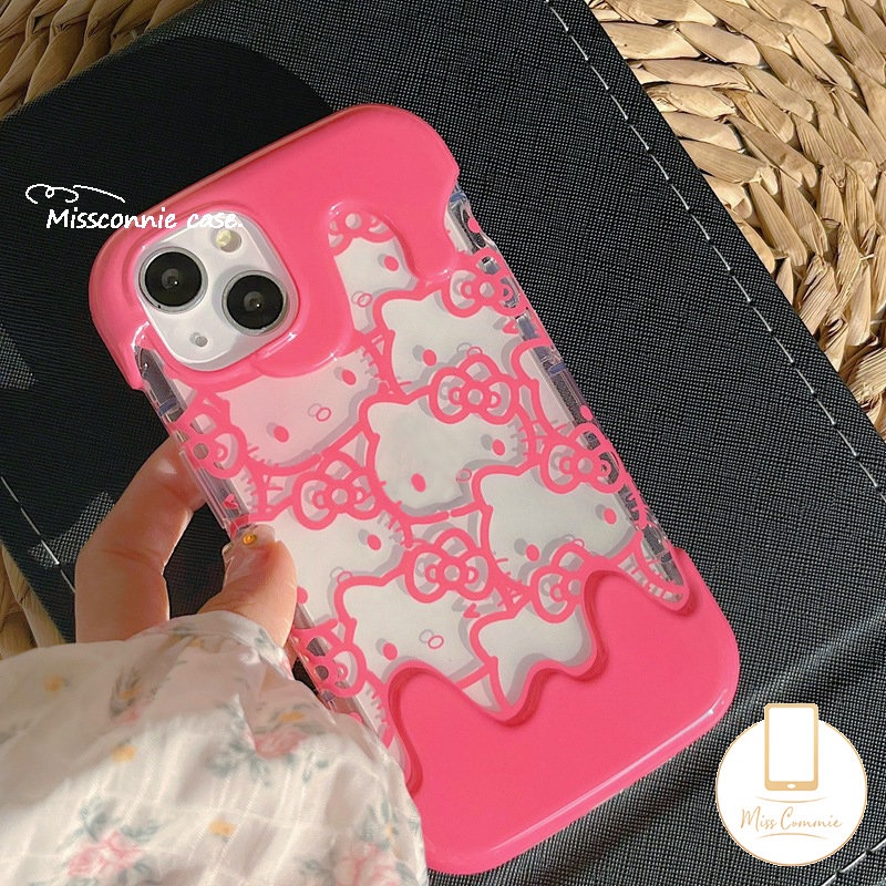 IPHONE Ins Ice Cream Lucu Kartun Seni Garis Hello Kitty Cat Phone Case Kompatibel Untuk Iphone11 14 12 13 Pro Max XR 7Plus X7 8 Plus XS Max SE 2020 Shockproof Soft Tpu Back Cover