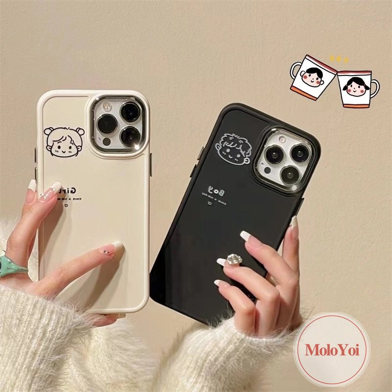 IPHONE Bingkai Lensa Logam Plating Mewah Kartun Lovers Case Kompatibel Untuk Iphone11 7 8 Plus 14 13 12 Pro MAX X XR XS MAX 7plus 8plus Pasangan Lucu Cowok Cewek Lembut Penutup Belakang