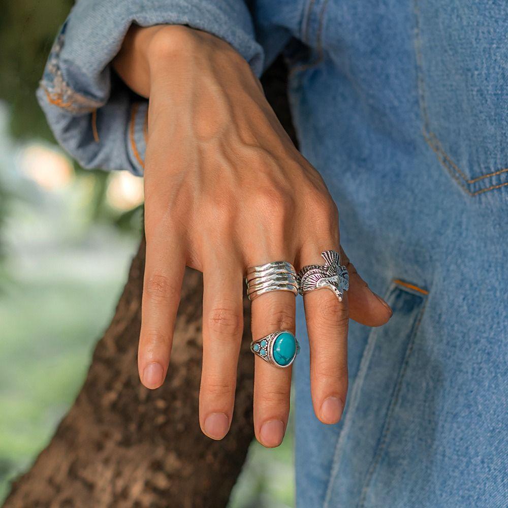 SKJK  Multy Layer Cincin Pesta Kreatif Pesona Geometris Elang Pirus Retro Untuk Wanita Pria Vintage Unisex Finger Ring