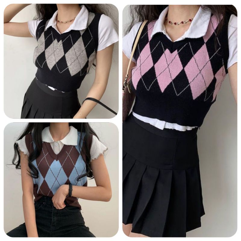 IMPORT WOMAN ARGYLLE CROPTOP SLIM KNIT VEST KOREAN STYLE VEST RAJUT WANITA