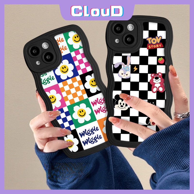 Casing Bunga Kotak-Kotak Untuk Redmi 9C 12C 9T 9A 10 10C A1 9 10A A1+Mi 11T Pro Redmi Note 9s 10s 10 11 11s 8 9 Pro POCO M3 X3 NFC Pro Wavy Edge Lembut Lucu Strawberry Bear Smile Sarung