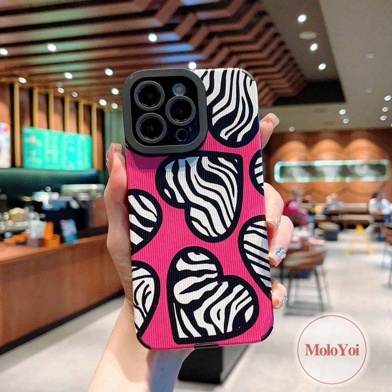 Casing Silikon Shockproof Untuk iPhone XR XS X Max8 7 Plus 7Plus 11 13 14 12 Pro Max Tekstur Kulit Mewah Motif Zebra Cinta Hati Ponsel Lembut Tpu Cover