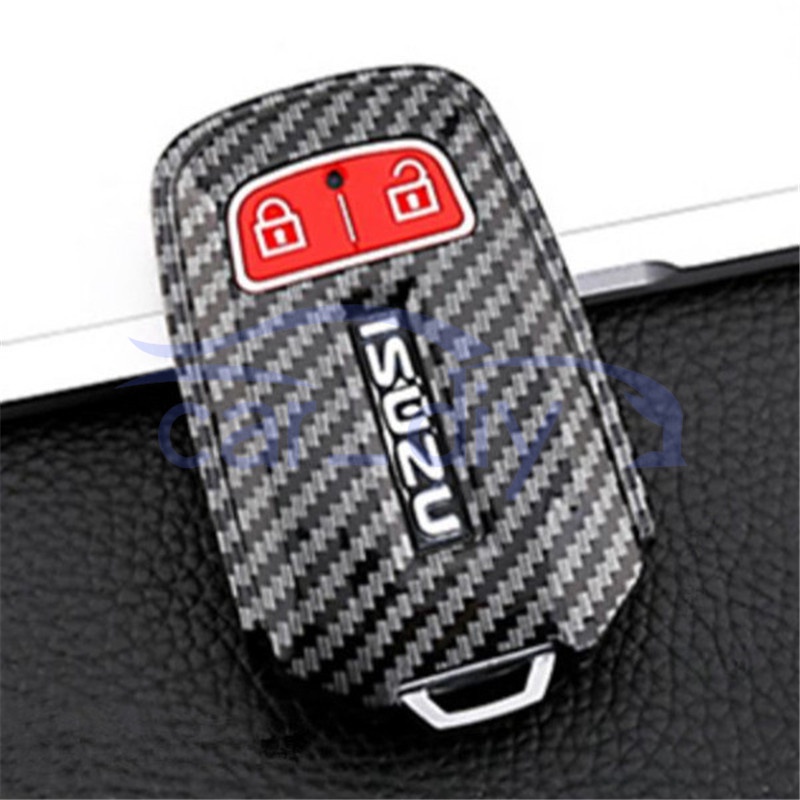 Carbon Fiber ABS Key Case Penutup Remote Mobil Silikon Dengan Gantungan Kunci Untuk Isuzu MUX MU-X D-MAX Pelindung Shell Holder