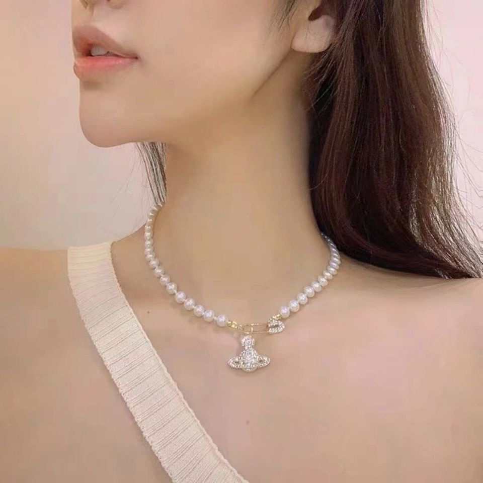 Jepang Korea ins Influencer Gaya Yang Sama Temperamen Sederhana Berkedip Berlian Saturnus Pin Mutiara Kalung Cahaya Mewah Klavikula Rantai T