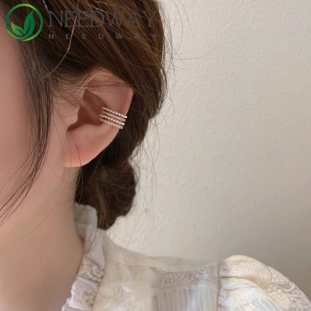 Needway   Mutiara Klip Telinga Fashion Minimalis Multilayer Tanpa Tindik Zirkon Ladies Ear Cuff