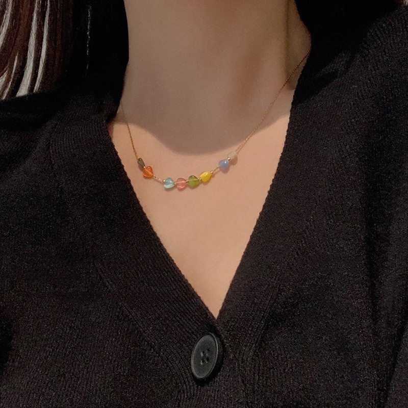 Kalung Liontin Cinta Warna-Warni Gadis Manis All-Match Handmade Gaya Baru Trendi Influencer Rantai Klavikula Kalung Necklace