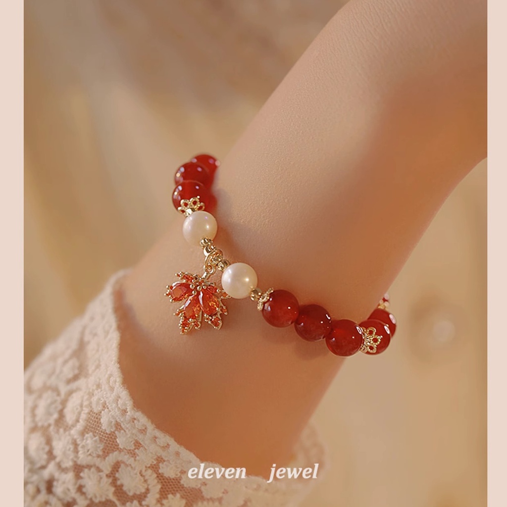 Versi Korea Imitasi Batu Akik Merah Maple Daun Gelang Perempuan ins Niche Desain Retro Gelang Gaya Baru Gadis Hadiah Perhiasan