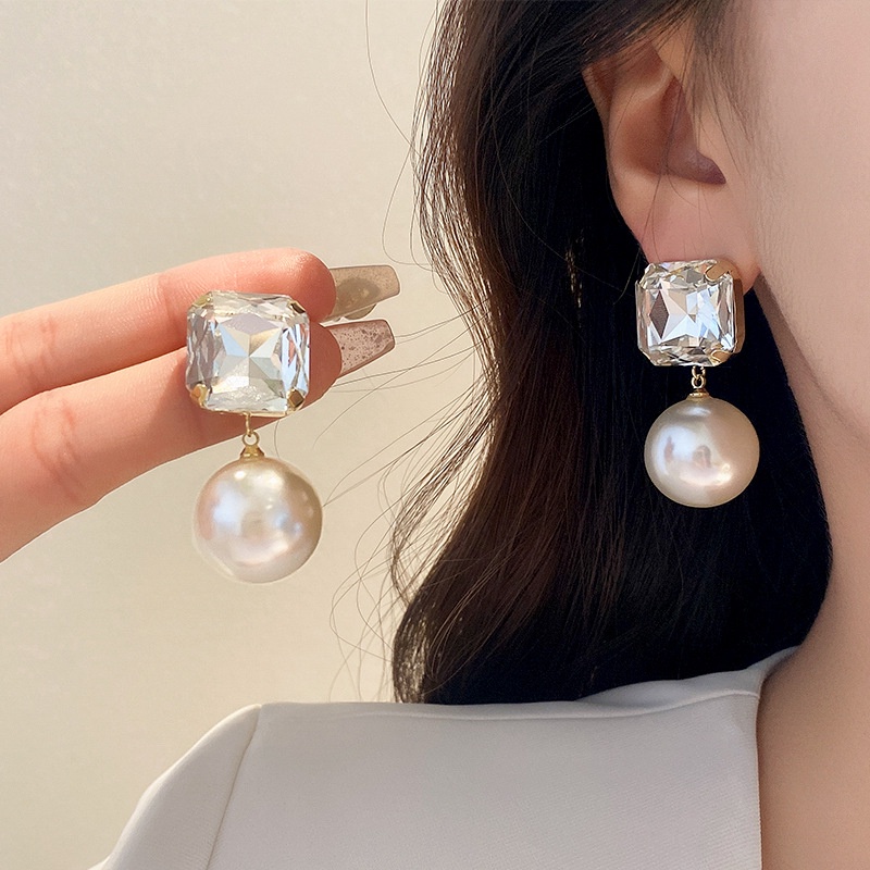 Anting Perak Jarum Persegi Berlian Mutiara Anting Wanita Anting Sederhana Anting Wanita