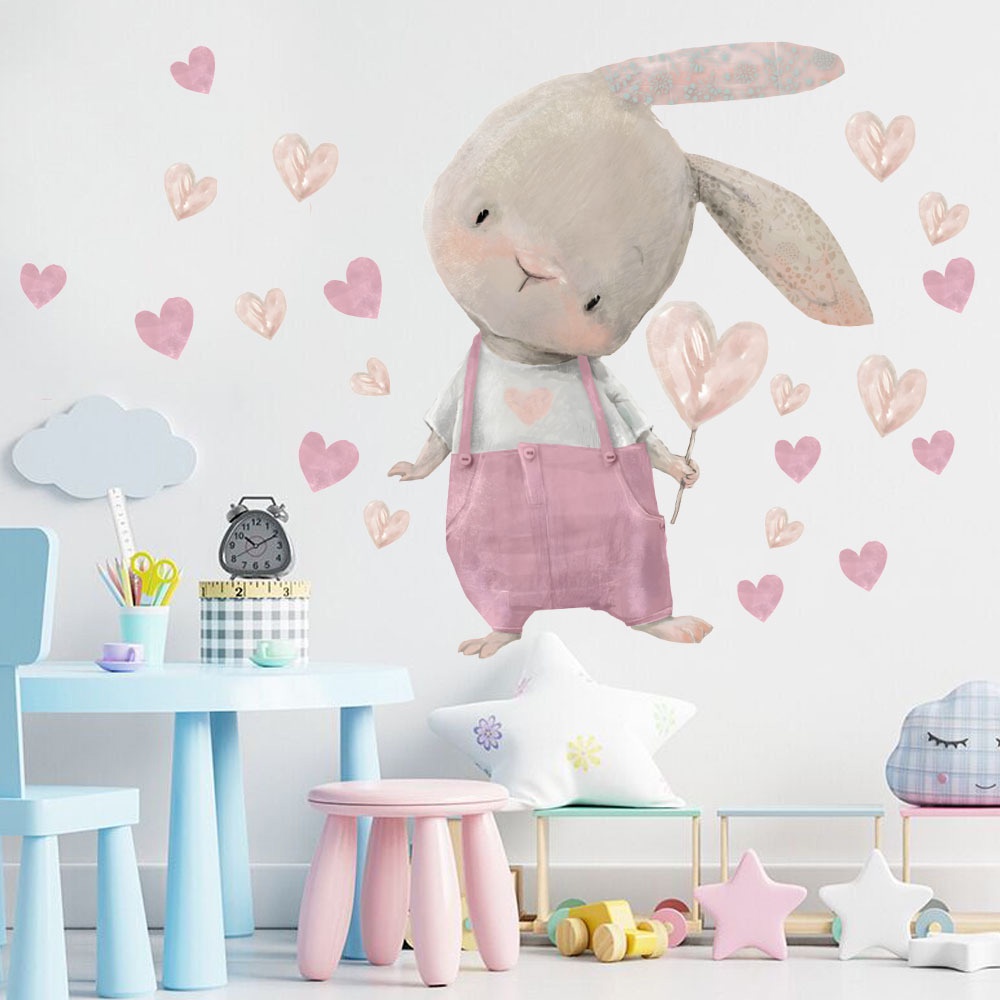 Lucu Kelinci Merah Muda Cinta Balon Poster Stiker Dinding/Kartun Bercahaya Bulan Bintang Awan Poster Mural/Non-Tinching Self-adhesive PVC Bunny Decals Wall/Anak-Anak Dekorasi Kamar Mural