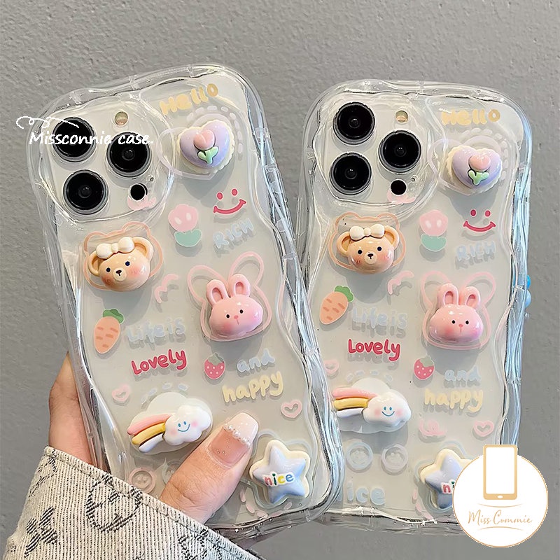 IPHONE Boneka 3D Kelinci Lucu Beruang Fantasi Awan Bintang Glossy Bergelombang Lengkung Tepi Case Cocok Untuk Iphone7 6 6s 8plus11 14 13 12 Pro Max X XR XS Max 7Plus SE 2020 Lembut Segar Bunga Cover