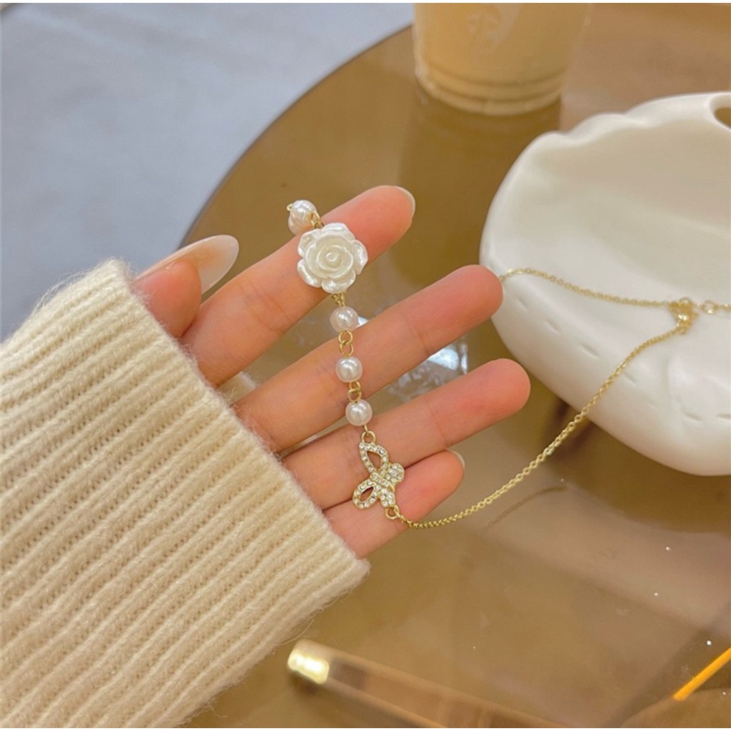 Kalung Liontin Wanita N3767 WHITE ROSE Gaya Korea Fashion Women Pearl Necklace