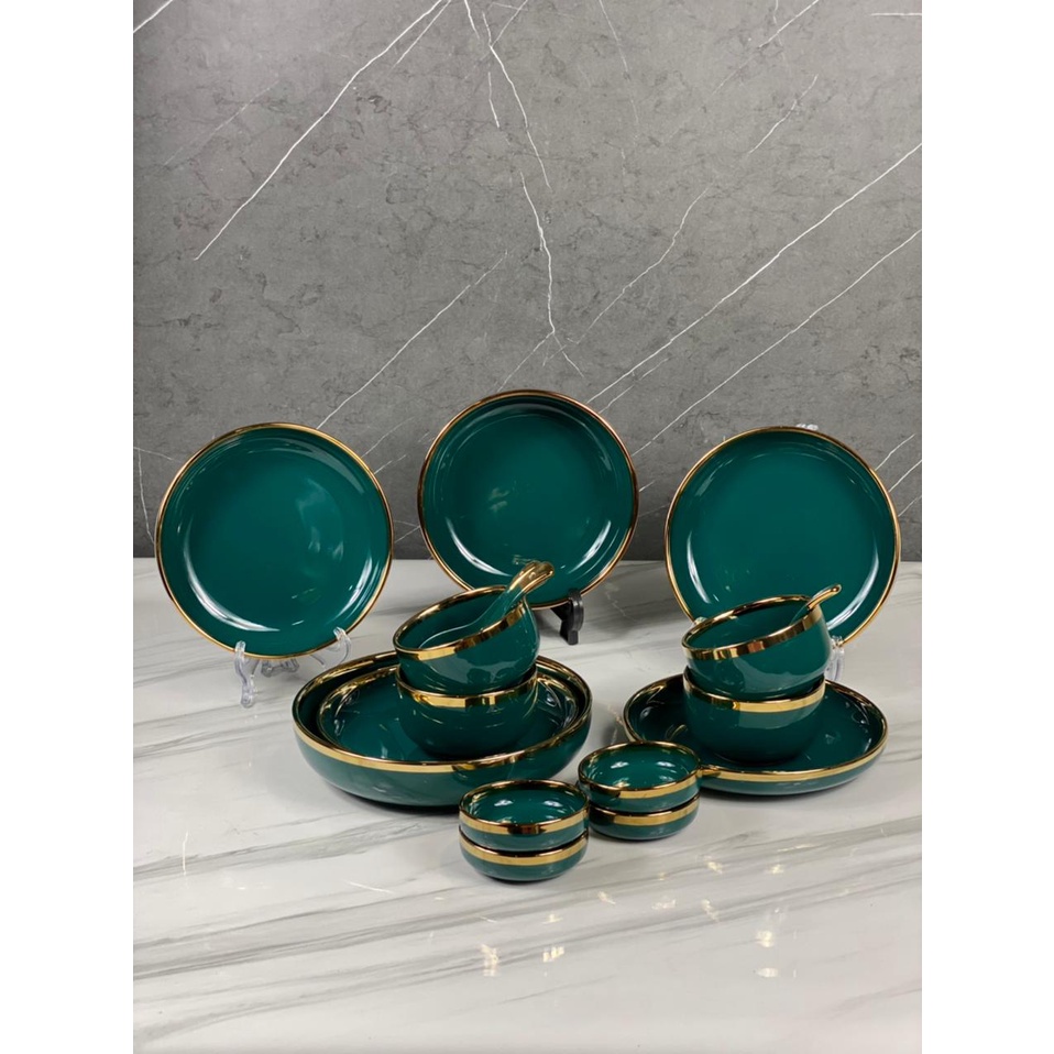 Piring Set Lengkap Warna Hijau Emerald Gold isi 10 Pcs /  Piring Set Keramik List Emas / Piring Set 