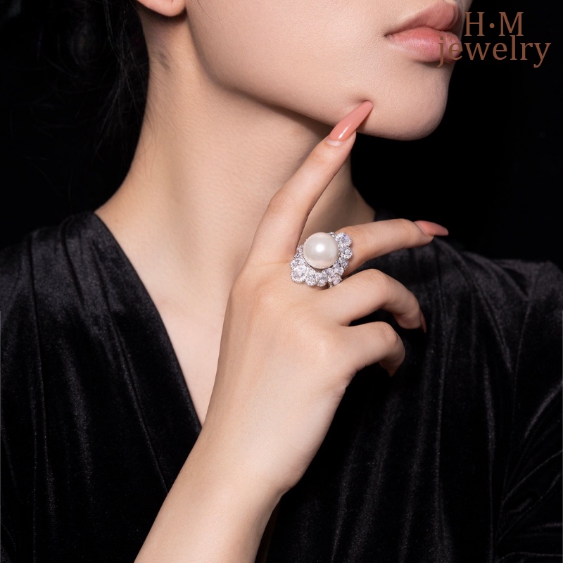 Cincin S925 Silver Mutiara Fritillary Buatan Mewah All-Match Mulut Terbuka Perempuan Satu Gaya Untuk Dual-Wear