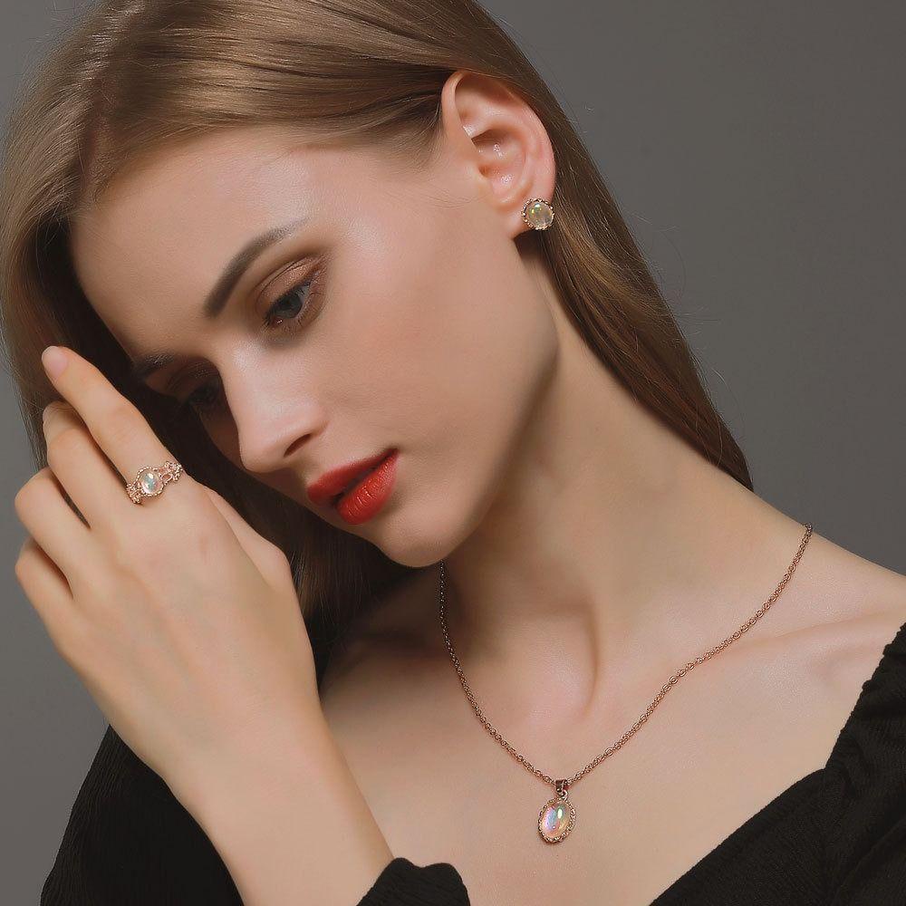 Mxbeauty Opal Set Perhiasan Pernikahan Mewah Jewelry Aksesoris Cheongsam Kepribadian Rantai Leher Wanita Kalung Cincin Set