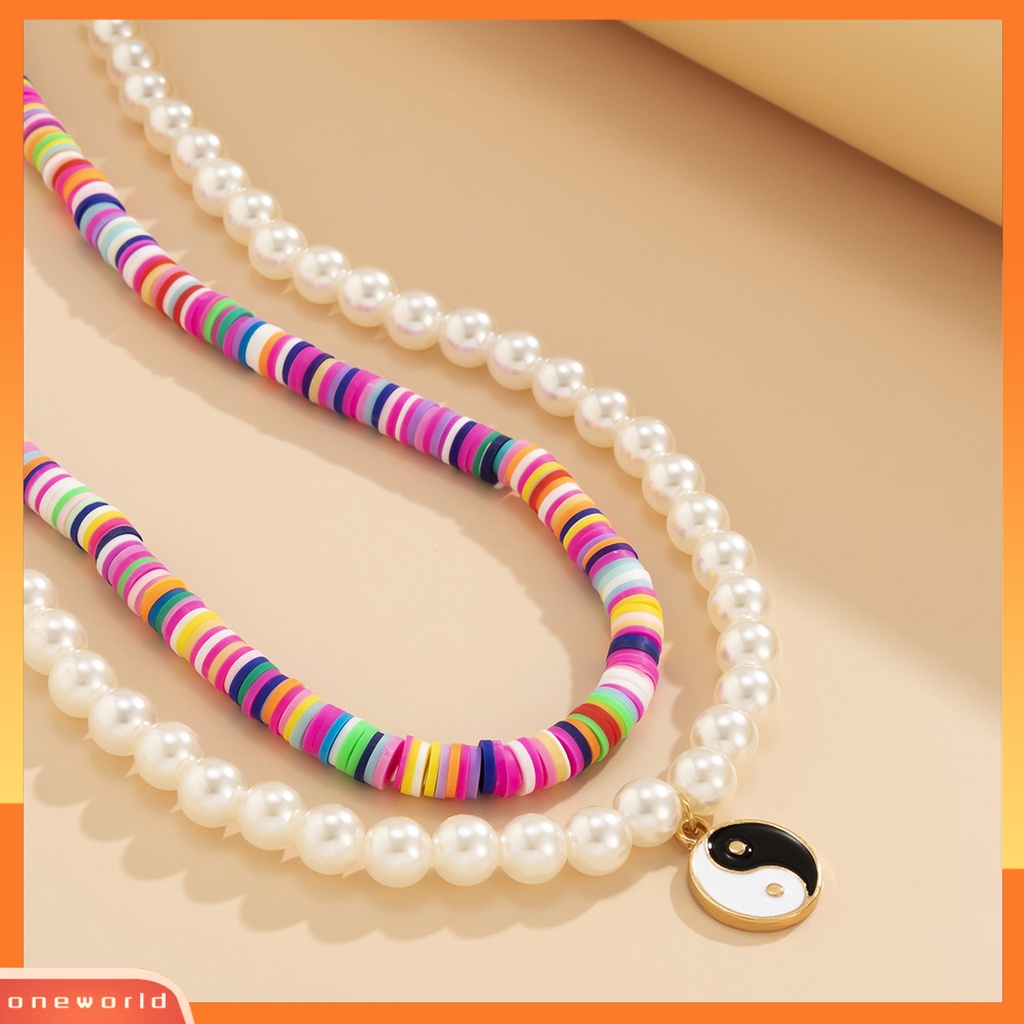 [ONE] 2pcs Wanita Kalung Manik-Manik Warna-Warni Motif Tai Chi Liontin Perhiasan Vintage Chokers Adjustable Untuk Pesta