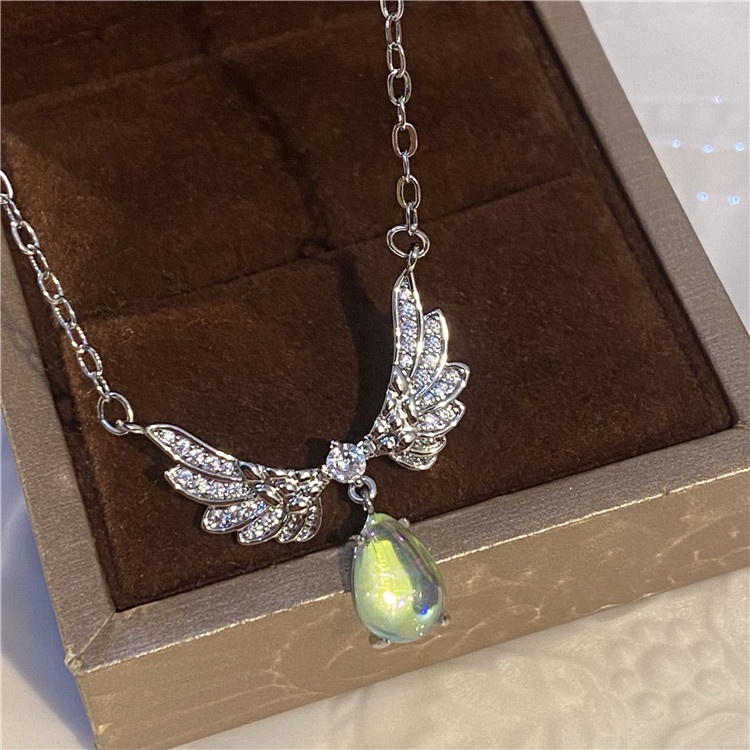 Sayap Malaikat Moonstone Tetesan Air Kalung Aksesoris Rantai Tulang Selangka Stylish Simple