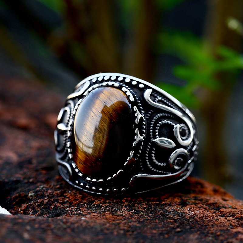 Kasual Retro Totem Asli Tiger Eye Batu Perak Baja Titanium Hip Hop Pria Punk Fashion Perhiasan Band Rings