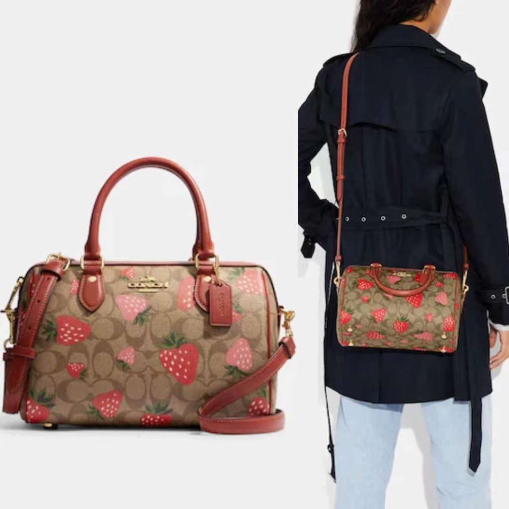 Coach Rowan Satchel Signature Canvas and Leather with Strawberry Print