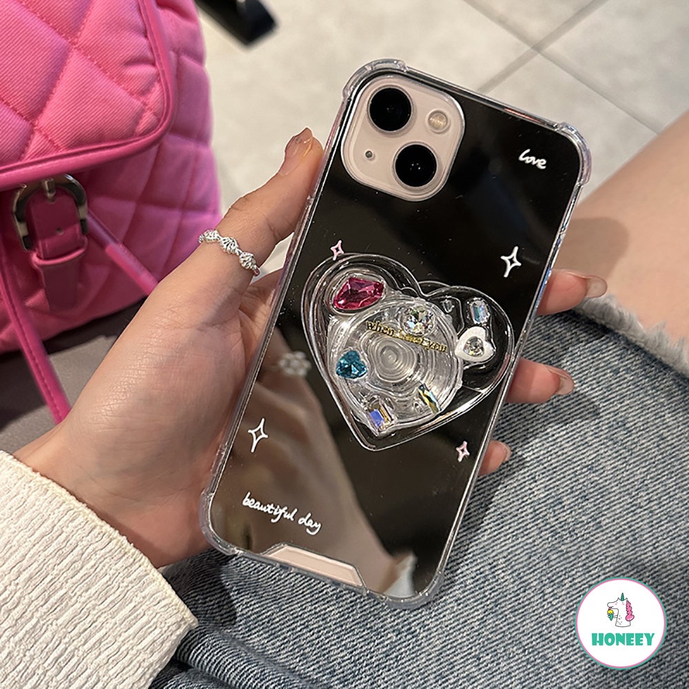 IPHONE Cermin Fashion Colorful Gemstone Love Stand Phone Case Untuk Iphone14 Pro Case Iphone13 12 11 Pro Max XS XR 7plus Cermin Bintang Phone Cover