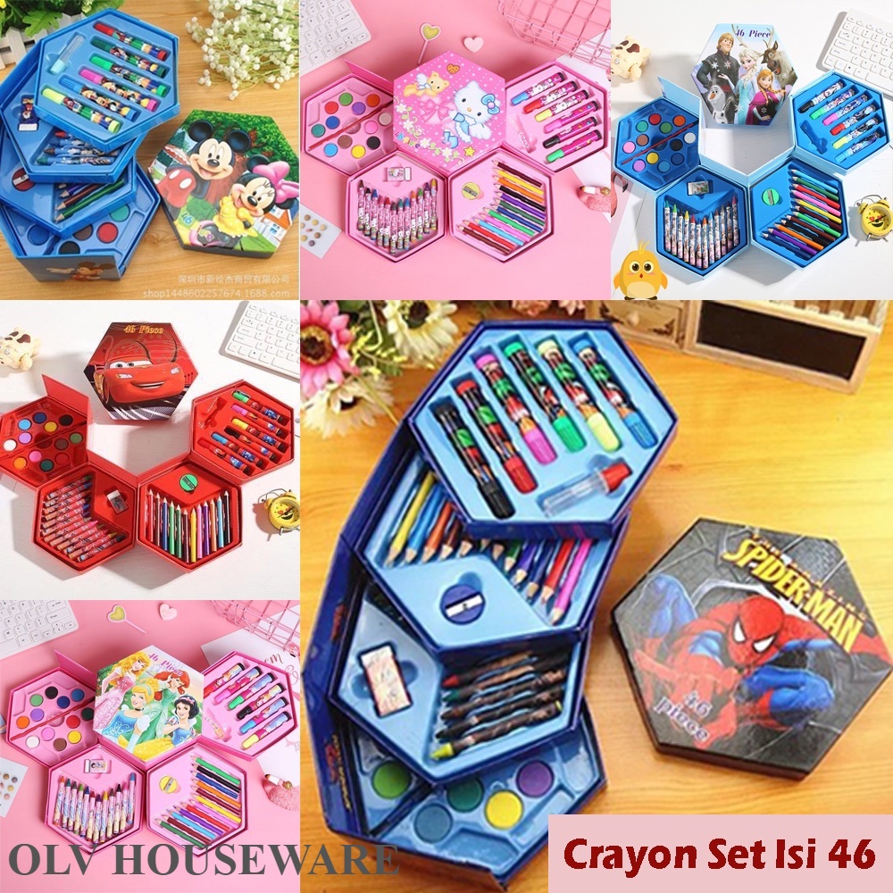 

OLV HOUSEWARE EDISI Disney Crayon Set Isi 46 Pensil Warna Spidol Cat Air Alat Lukis Mewarnai