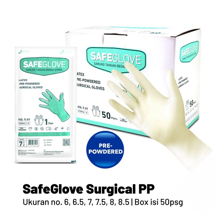 Sarung Tangan Steril Safeglove Surgical Prepowdered Box Isi 50 Pasang
