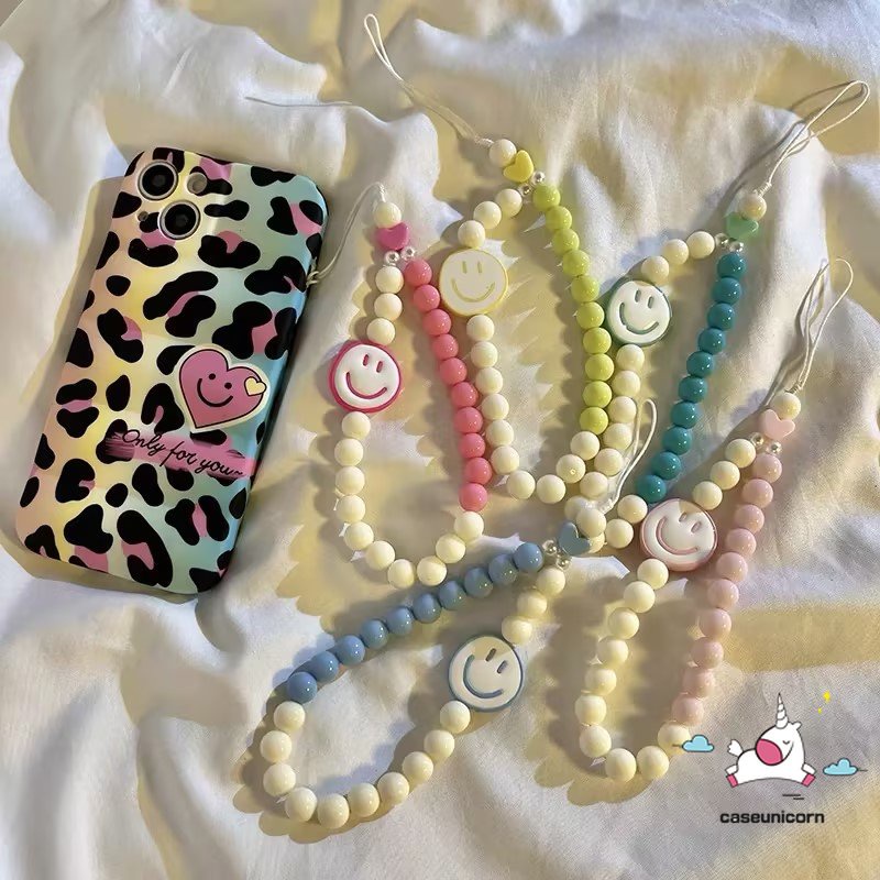 Indah Kartun Wajah Senyum Tangan Tali Gelang Manik-Manik Lanyard Kreatif Akrilik Telepon Rantai Gadis Warna-Warni Cinta Mutiara Gantung Rantai Lucu Manis Aksesoris