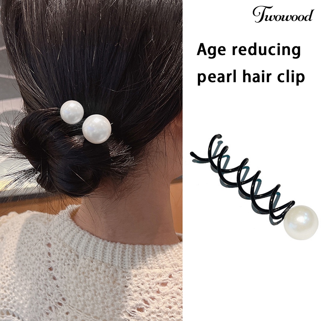 Twowood 1pasang Musim Semi Spiral Desain Rambut Tongkat Elegan Non-Slip Indah Mutiara Imitasi Dekorasi Rambut Bun Garpu Aksesoris Rambut