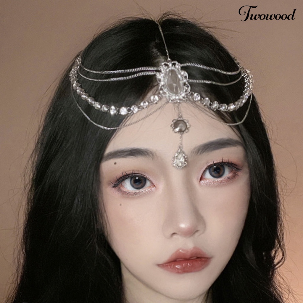 Twowood Rantai Rambut Pengerjaan Halus Vintage Bersinar Berlian Imitasi Rumbai Hias Pernikahan Headpiece Prom Kepala Rantai Hiasan Rambut Aksesoris Rambut