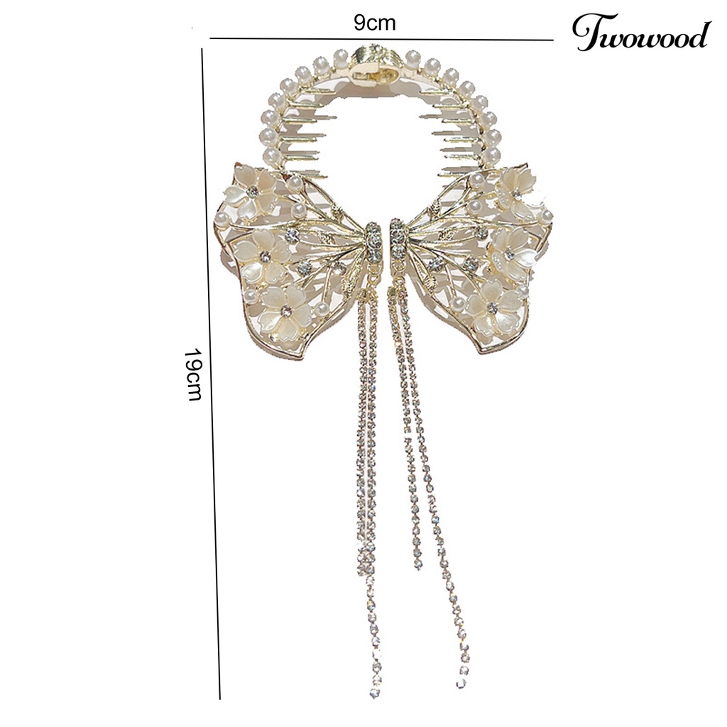 Twowood Faux Pearls Rhinestones Bunga Dekorasi Bakso Rambut Klip Rumbai Sisir Desain Besar Kupu-Kupu Dekorasi Ponytail Hairpin Aksesoris Rambut