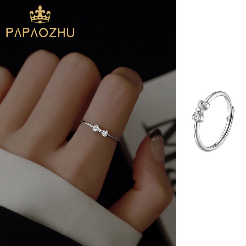 Papaozhu Elegan s925 Perak Kecil Bersinar Zirkon Busur Cincin Untuk Wanita Perempuan Trendi Kristal Ikatan Simpul Jari Rings Perhiasan Aksesoris Hadiah