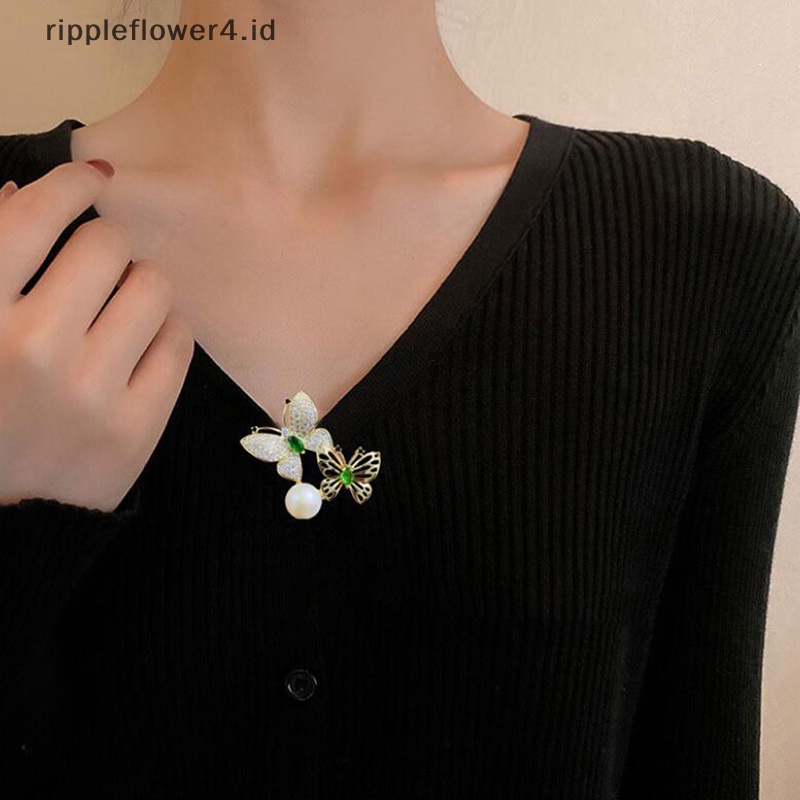{rippleflower4.id} Trendi Kupu-Kupu Shiny Rhinestones Gadis Bros Elegan Mutiara Serangga Bros Pin Untuk Aksesoris Pakaian Wanita Jewellry Hadiah~