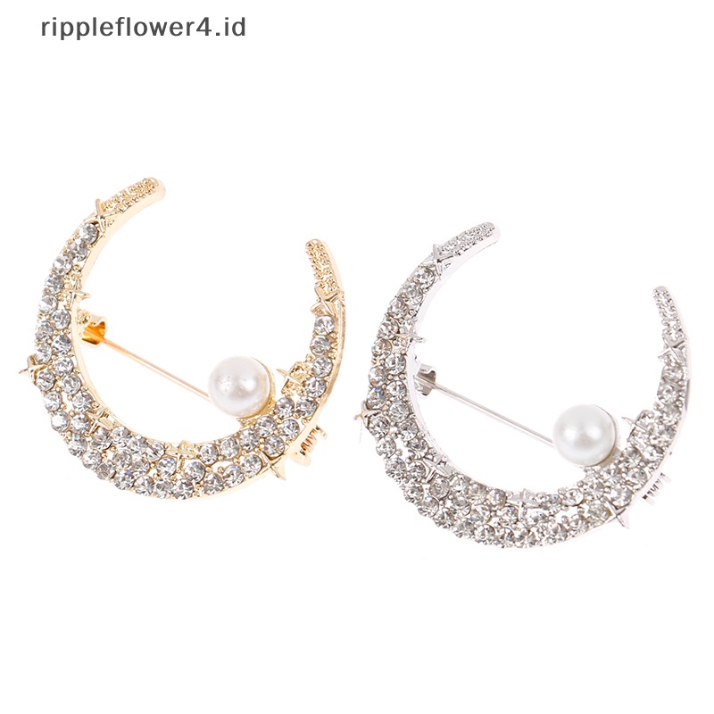 {rippleflower4.id} Mutiara Berlian Imitasi Bulan Bros Wanita Pernikahan Kantor Bros Pin Hadiah Aksesoris~