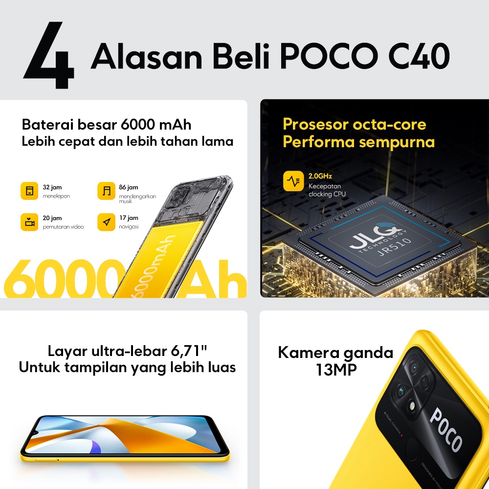 Xiaomi POCO C40 (3/32GB) (4/64GB) 6000mAh Layar Besar 6,71&quot; 13MP Dual Kamera Desain Bertekstur Anti Sidik Jari BARU GARANSI RESMI