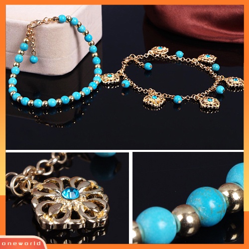 [WOD] Boho Double Layers Berlian Imitasi Bunga Turquoise Kaki Rantai Gelang Kaki Ankle Bracelet