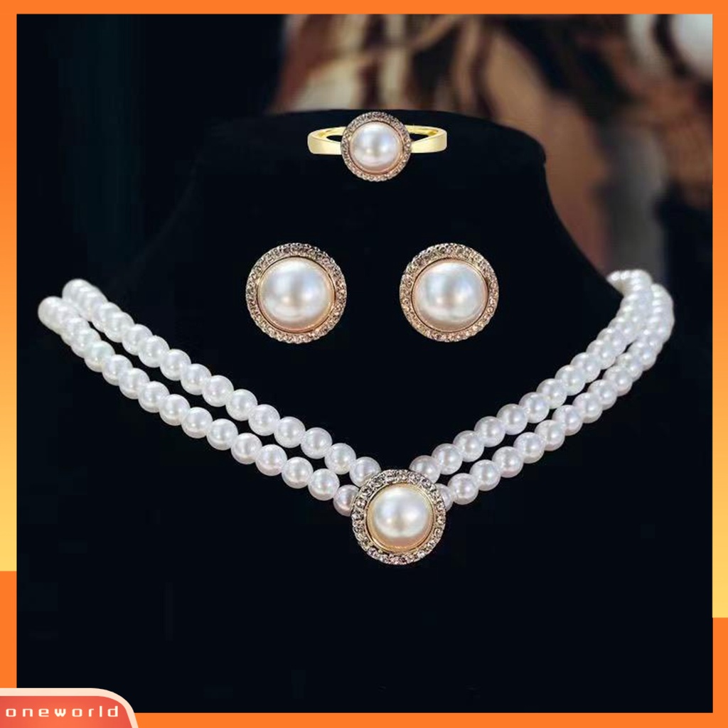 [WOD] 1set Kalung Pengantin Gaya Perancis Vintage Temperamen Double Layer Hadiah Elegan Hypoallergenic High Gloss Mutiara Imitasi Anting Cincin Perhiasan Pernikahan