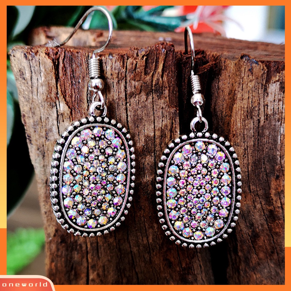 [WOD] Vintage Lady Multicolor Berlian Imitasi Hias Oval Menjuntai Kait Anting Perhiasan Hadiah