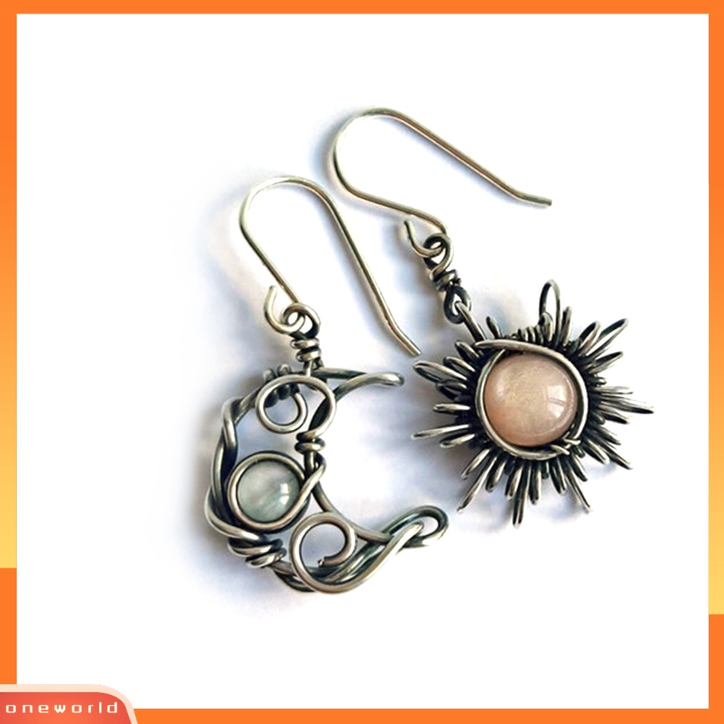 [WOD] Anting Wanita Boho Matahari Bulan Menjuntai Moonstone Asymmetric Hook Earrings Untuk Pesta