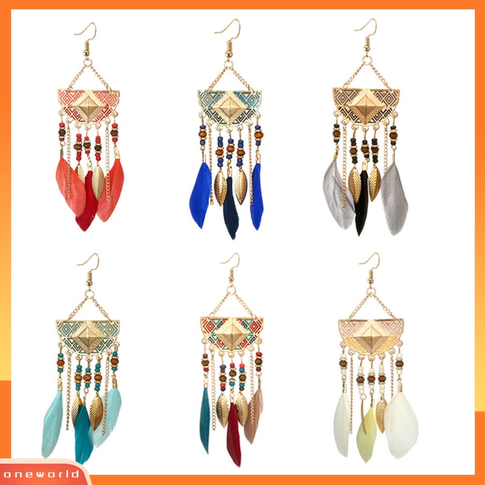 [WOD] Boho Geometris Bentuk Kipas Rumbai Manik-Manik Anting Bulu Statement Lady Ear Hooks