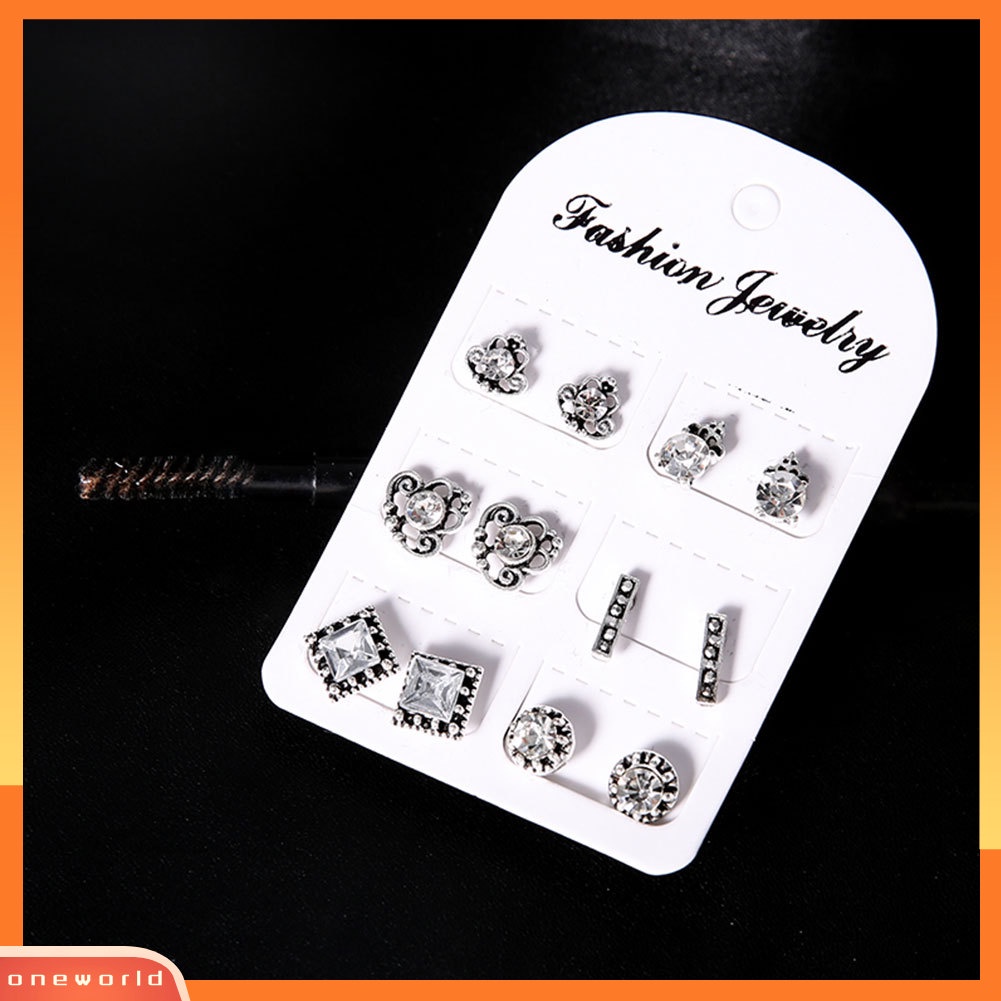 [WOD] 6pasang Campuran Wanita Bohemia Persegi Bulat Mahkota Berlian Imitasi Ear Studs Earrings