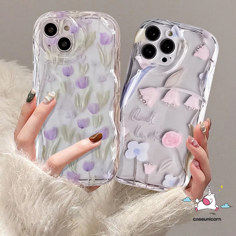 Casing Tepi Lengkung Bergelombang 3D Untuk Vivo Y36 Y35 Y16 Y15s Y11 Y20 Y22 Y02 Y21 Y12 Y15 Y17 Y33s Y12s Y30 Y21s Y20s Y91C Y20i Y91 Y21A Y15A Y51 Y12i Y31 Y50 Bunga Tulip Ungu Soft Case