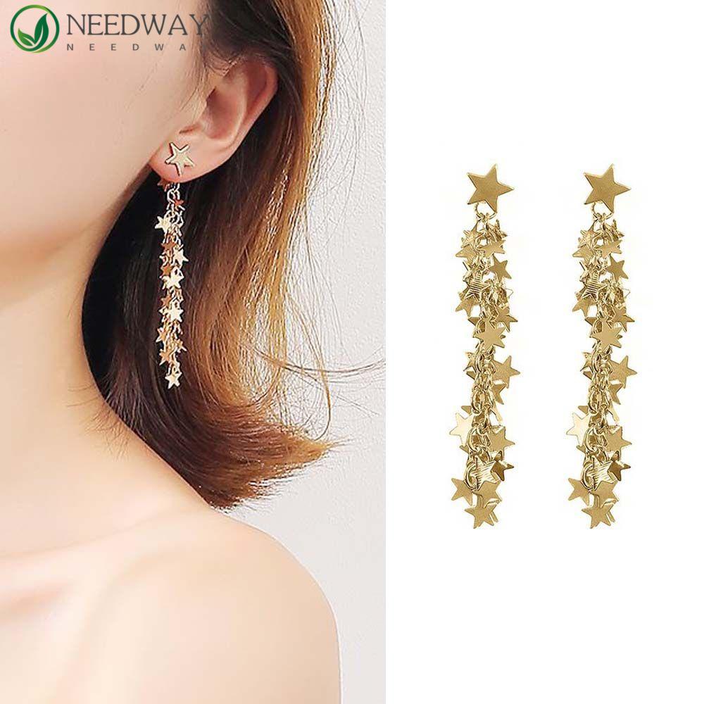 Needway Anting Liar Panjang Wanita Warna Emas Logam Ear Stud