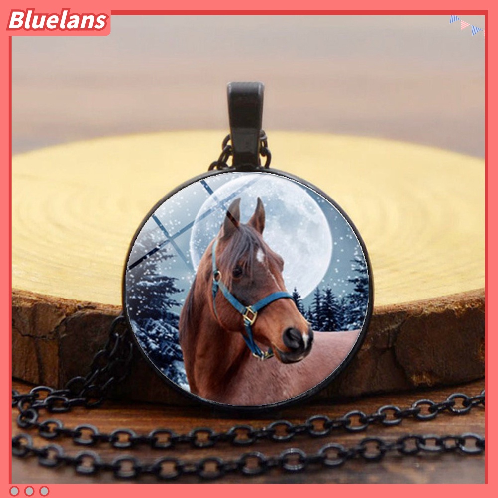 [BLS] Winter Horse Cabochon Vintage Kaca Liontin Rantai Kalung Wanita Perhiasan Hadiah