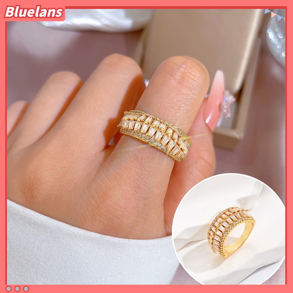 [BLS] Jari Cincin Cubic Zirconia Pembukaan Yang Dapat Disesuaikan Temperamen Hias Berdandan Geometris Mewah Baris Ganda Cincin Perhiasan Aksesori