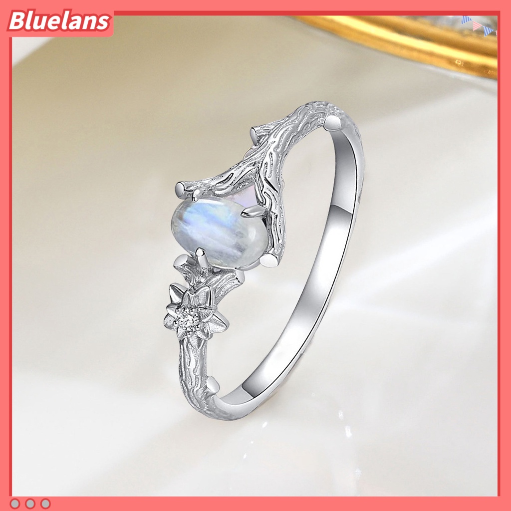 [BLS] Wanita Cincin Batu Alam Warna Perak Terukir Pohon Cabang Bunga Vintage Faux Moonstone Bertatahkan Jari Cincin Fashion Perhiasan