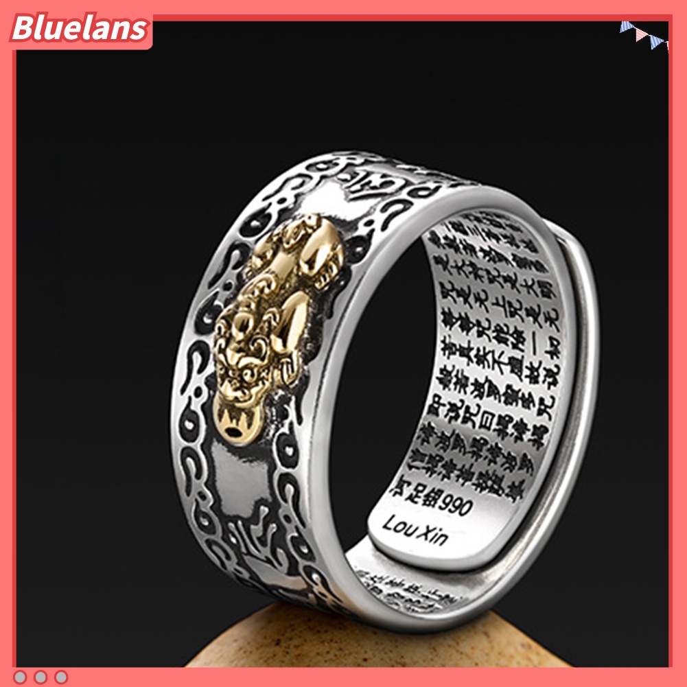 [BLS] Pria Beruntung Perak Berlapis Piqiu Sutra Hati Terukir Pembukaan Jari Cincin Perhiasan