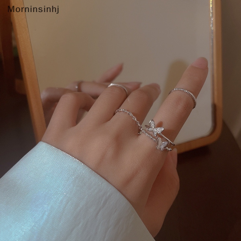 Mornin 4PCS Set Cincin Kupu-Kupu Lingkaran Polos Warna Silver Opening Adjustable Fashion Cincin Jari Pribadi Untuk Wanita Perhiasan Trendi id