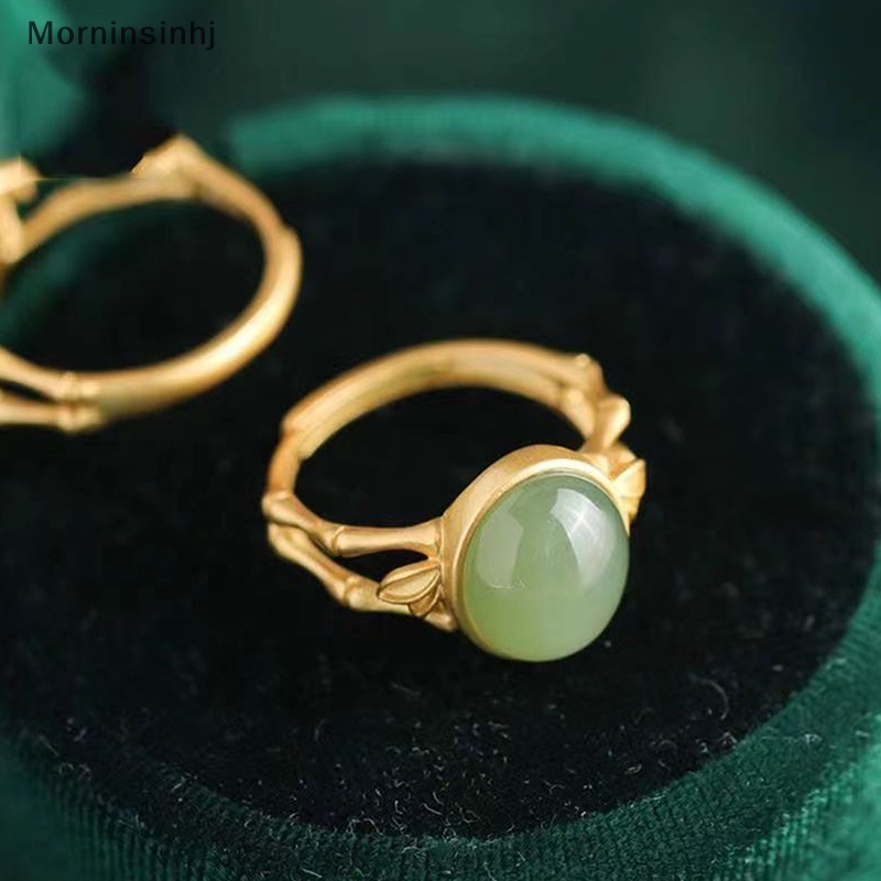 Mornin Warna Emas Kuno Kerajinan Hias Hijau Oval Hotan Jade Kreatif Bambu Terbuka Dapat Disesuaikan Cincin Untuk Wanita Elegan Klasik Perhiasan id