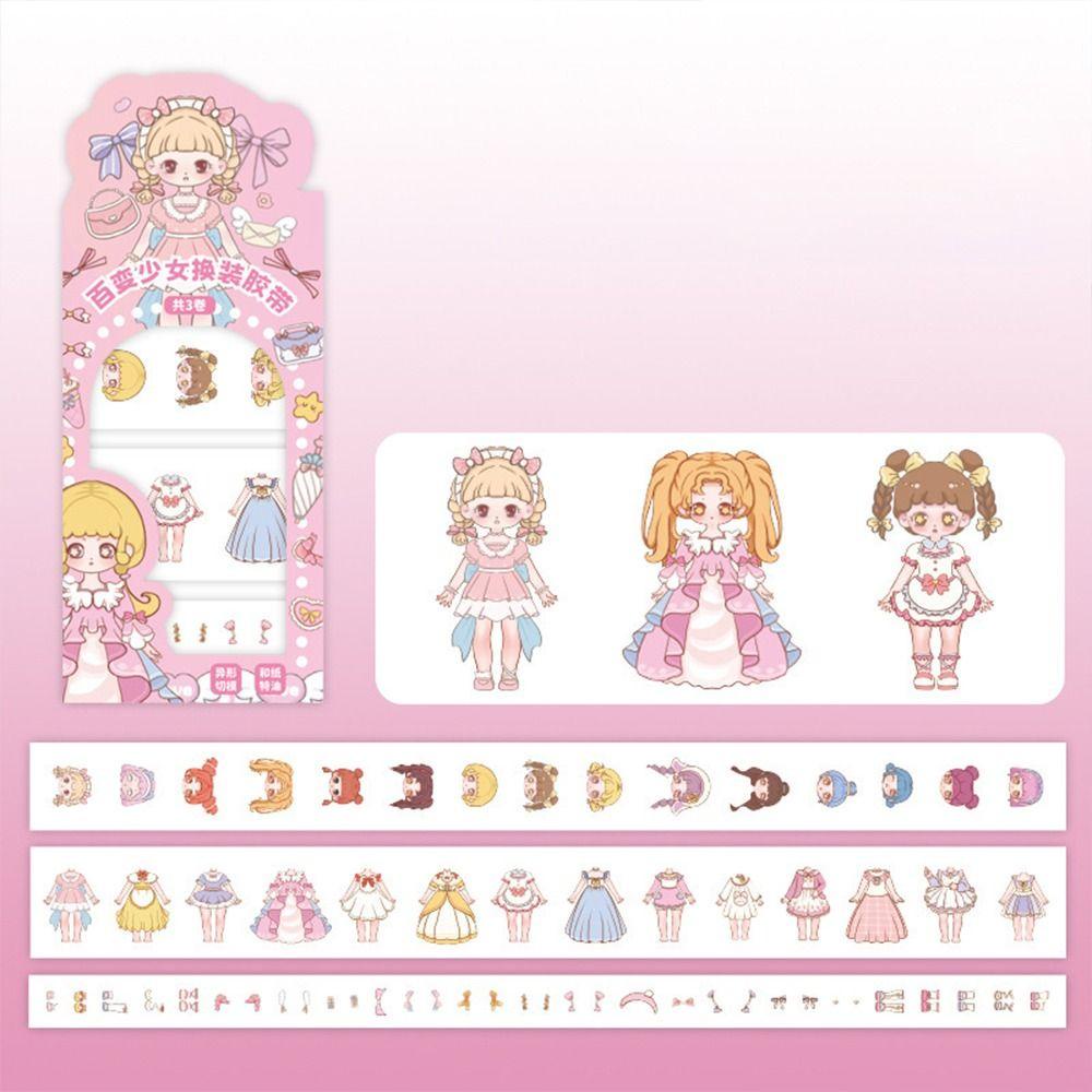 Mxbeauty Beauty Dress Up Tape Stiker Kartun 3roll Aesthetic Mainan Anak Akun Tangan Jurnal DIY Stiker Hias